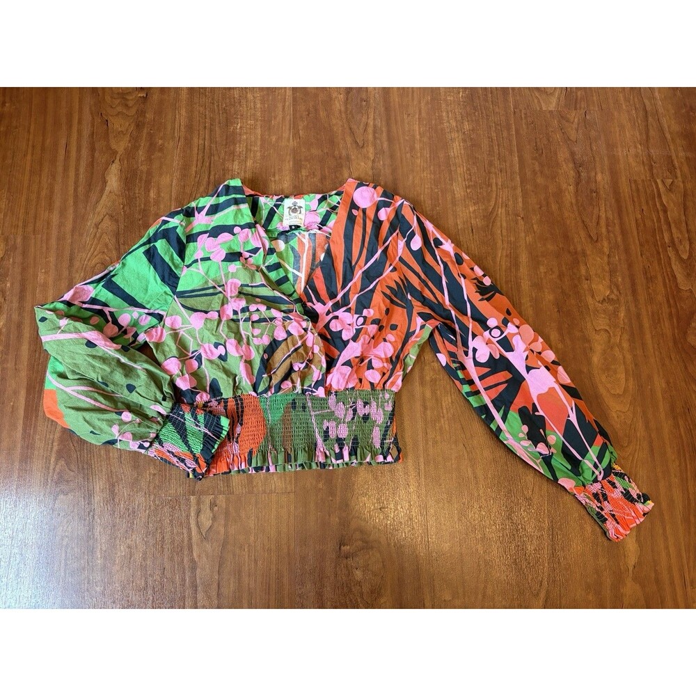 Roopa Pemmaraju Anthropologie Faux Wrap Smocked Tropical Long Sleeve Top Small